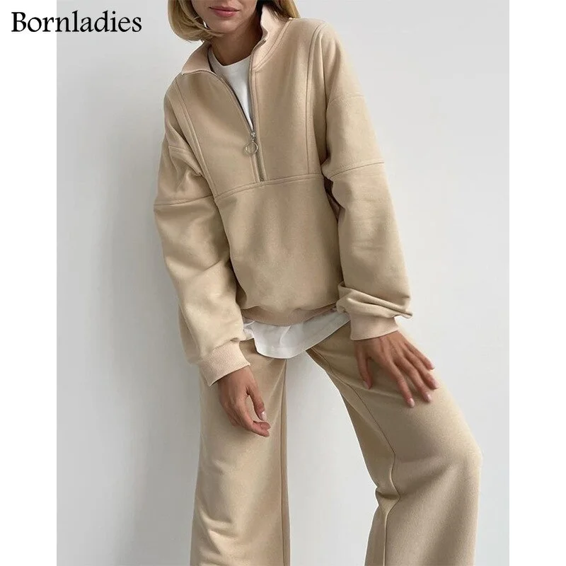 Brownm Casual Half-Zipper Collar Loose Two-Piece Sets Women 2022 Autumn Winter Pullovers and Wide-leg Pants Matching Sets