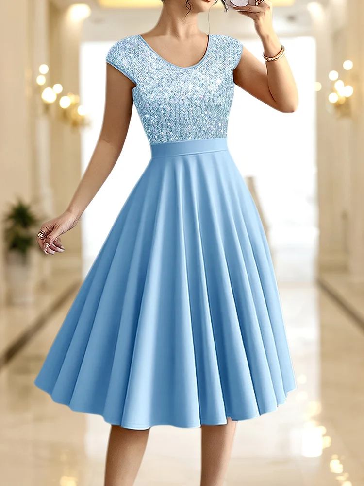 Elegant V-Neck Sequin A-Line Dress - Short Sleeve, Glittery Blue, Perfect For Parties & Casual Outings, Summer Style, Adult Women's Fashion, Party Dress | Vneck Dress | Sequin Embellishments, Sequin Formal Dress