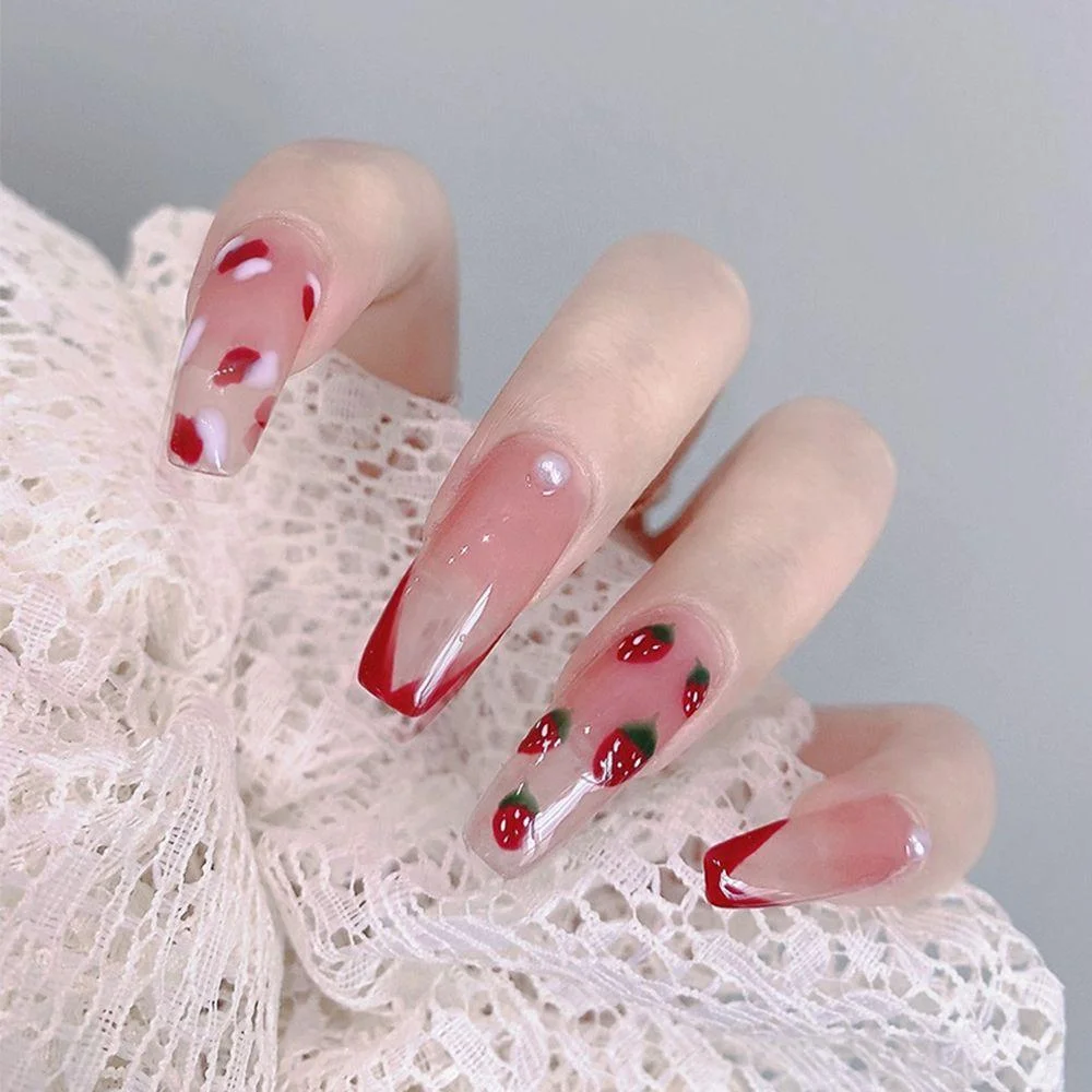 24Pcs Long Ballerina False Nail Love Pattern French Coffin Fake Nails Full Cover Wearable DIY Manicure Tools Press On Nails 1029-Nail Inspo