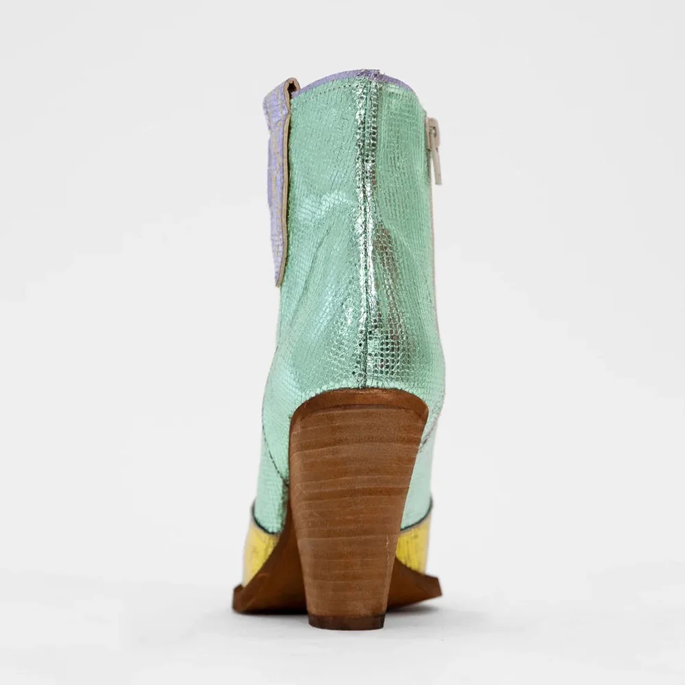 Metallic Yellow & Green Pointed Toe Block Heel Ankle Cowgirl Boots