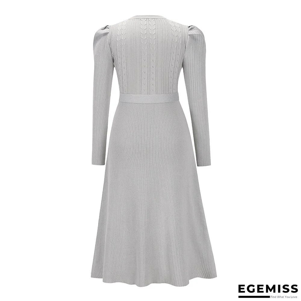 Bubble Long Sleeve Knitted Skirt Medium Long Wool Dress Black Dresses | EGEMISS