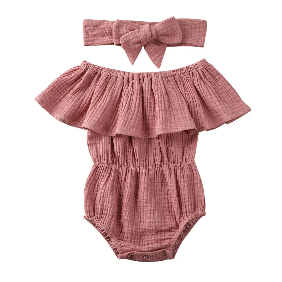 2020 Baby Summer Clothing Newborn Baby Girl Ruffles Sleeve Jumpsuit Classic Solid Color Off-shoulder Triangle Jumpsuit Headband