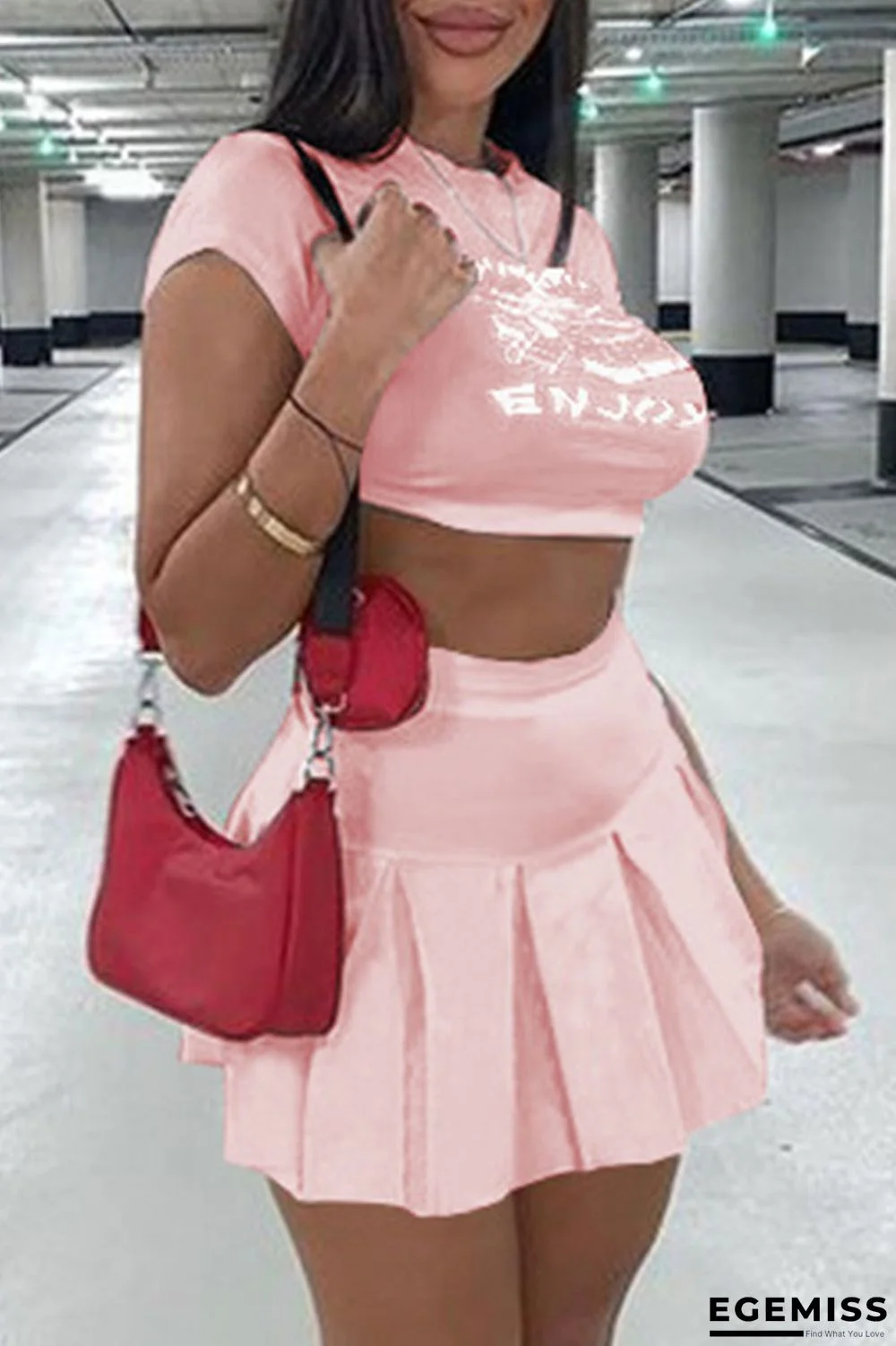 Pink Fashion Casual Print Basic O Neck Short Sleeve Two Pieces | EGEMISS