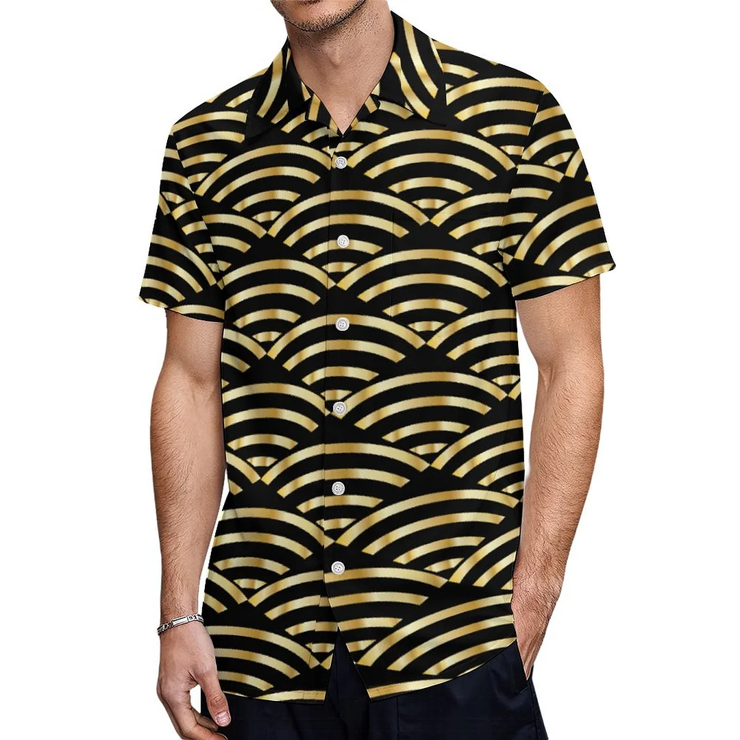 Short Sleeve Black And Gold Wavy Hawaiian Shirt Mens Button Down Plus Size Tropical Hawaii Beach Shirts