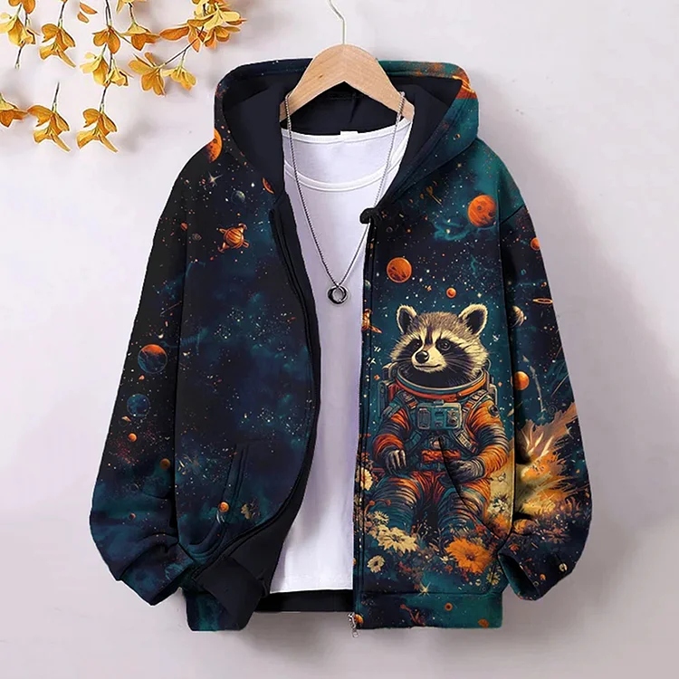 Men's Raccoon Print Casual Zip Hoodie