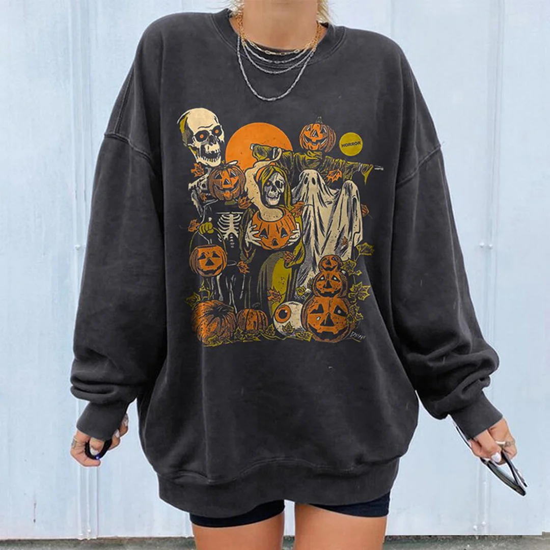 Halloween Pumpkin Skull Print Reaper Sweatshirt - Neojana