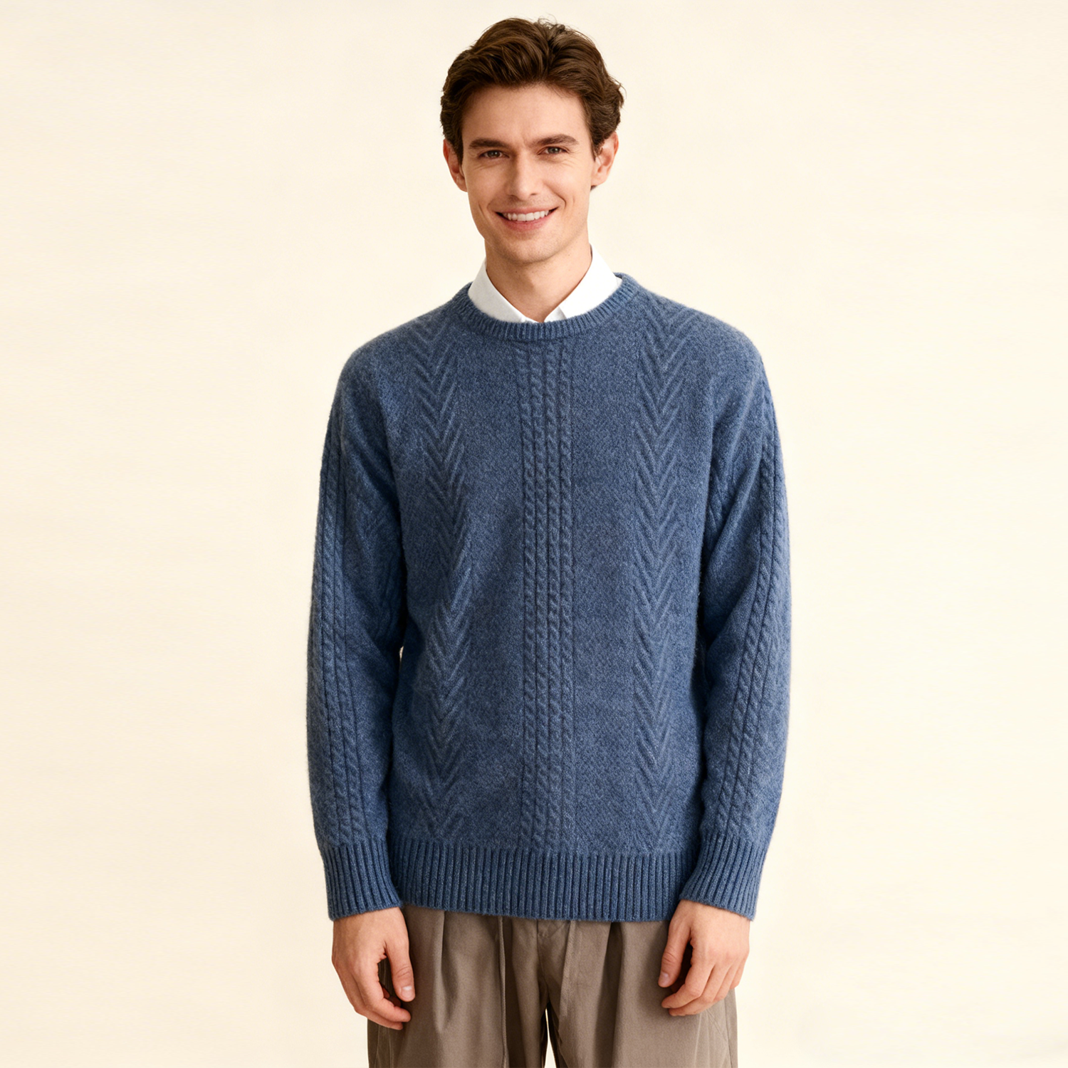 Men's Cashmere Crewneck Sweater Textured Knit Pattern REAL SILK LIFE