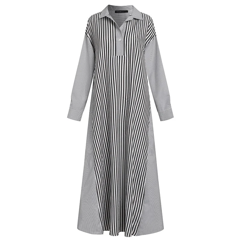 Fashion Maxi Dress ZANZEA Women Striped Patchwork Sundress Casual Autumn Long Sleeve Lapel Neck Long Shirt Vestidos Kaftan Robe