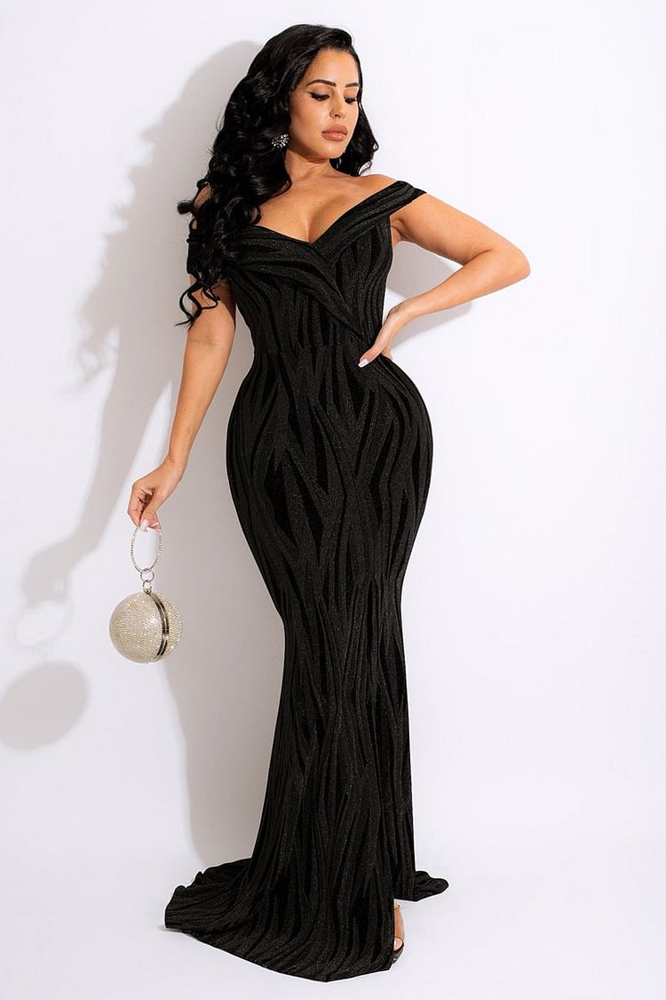 Off Shoulder Gown V Neck Pleated Maxi Dress