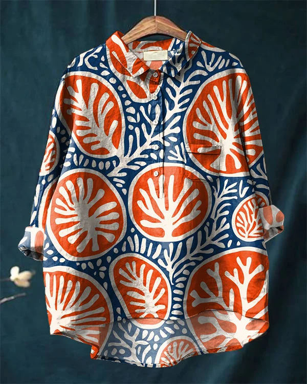 Vintage Orange Leaf Abstract Art Print Cotton and Linen Casual Shirt