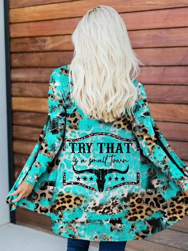 Western Try That In A Small Town Turquoise Leopard Graphic Cardigan