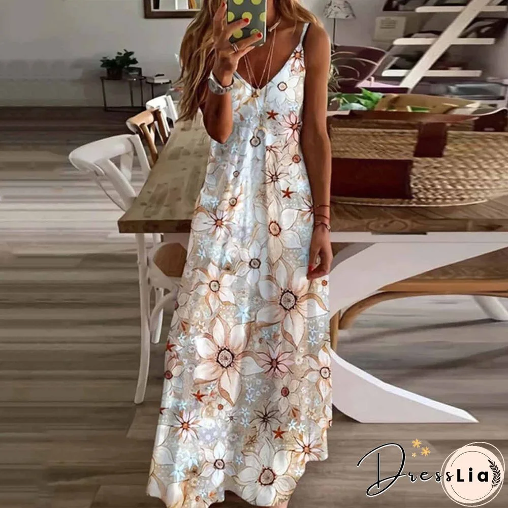 Sun Tie Dye Painted Hawaiian Floral Spaghetti Long Sun Dresses