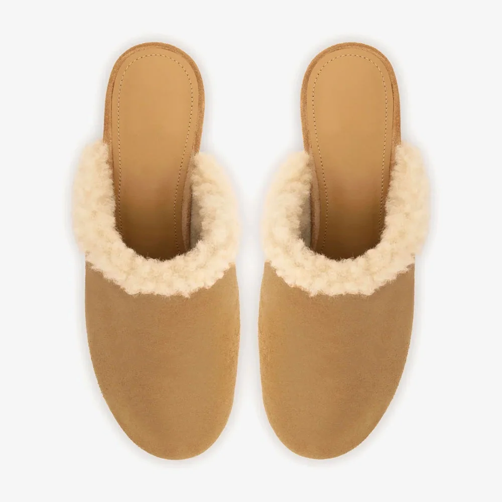 Tan Block Heel Platform Floral Studded Vegan Wool Mules for Women