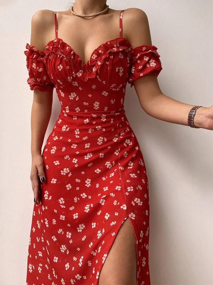 Women's Sexy Sling Slit Party Elegant Off-the-Shoulder V-Neck Vacation Dress
