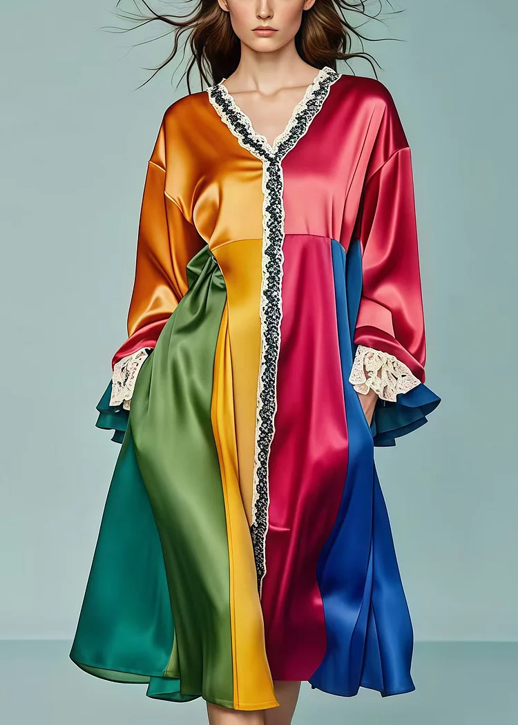 Style Multicolor Oversized Lace Patchwork Silk Vacation Dresses Fall