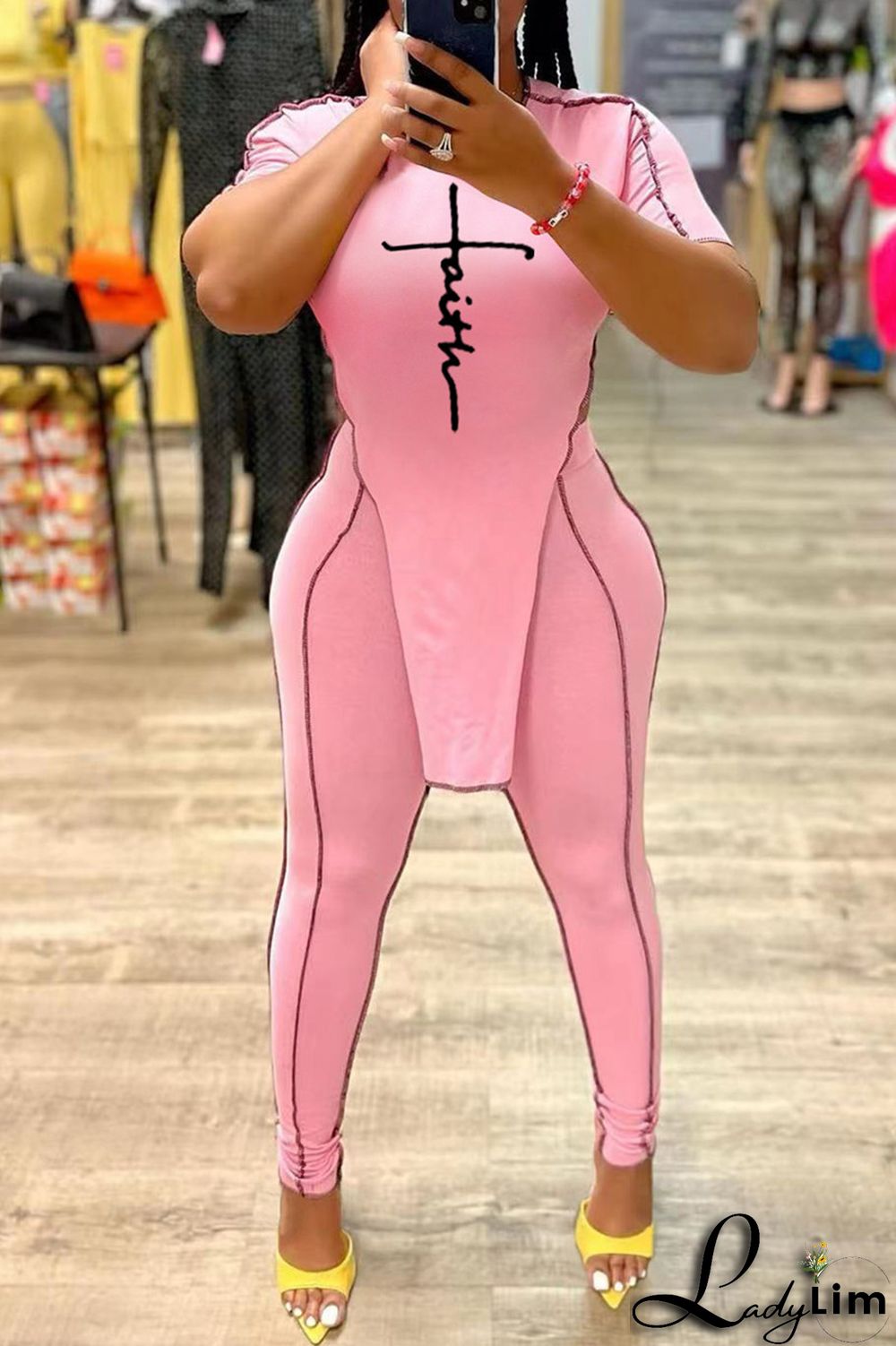 Pink Fashion Casual Print Asymmetrical O Neck Short Sleeve Two Pieces