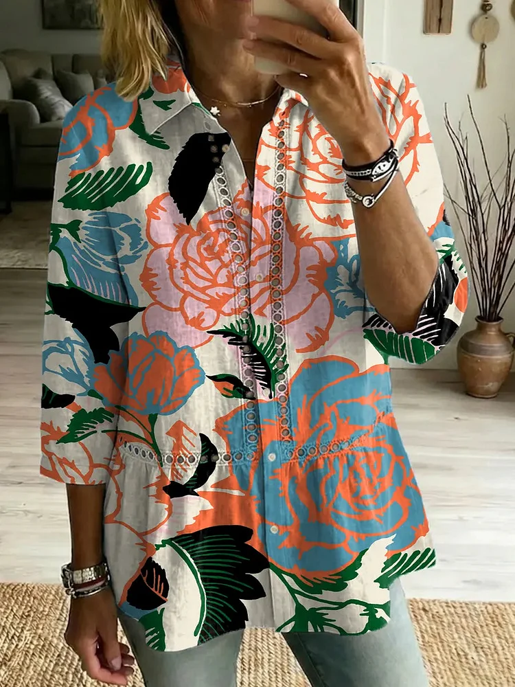 Women's Retro Floral Art Print Casual Lapel Cotton Shirt