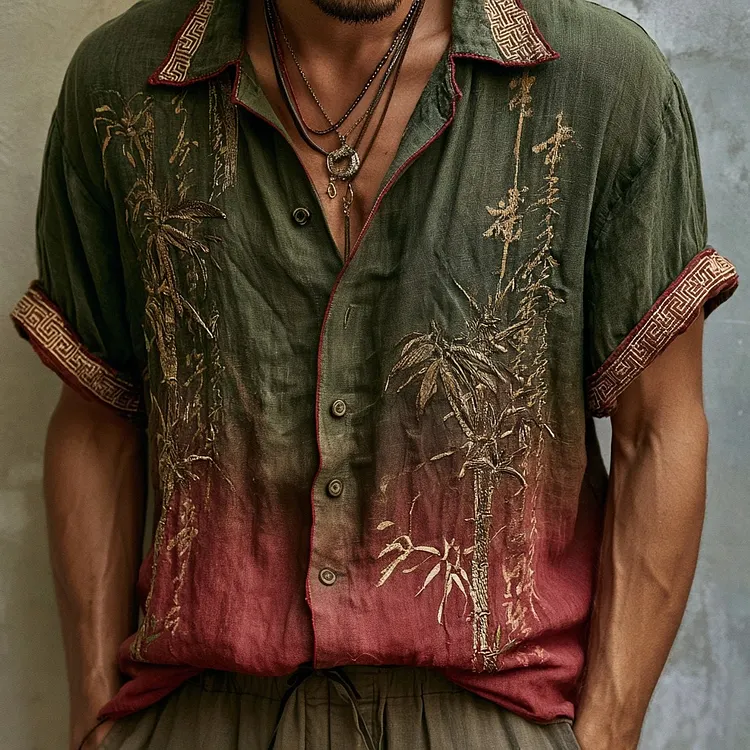 Men's Vintage Japanese Bamboo Leaf And Calligraphy Art Gradient Pattern Short-sleeve Shirt