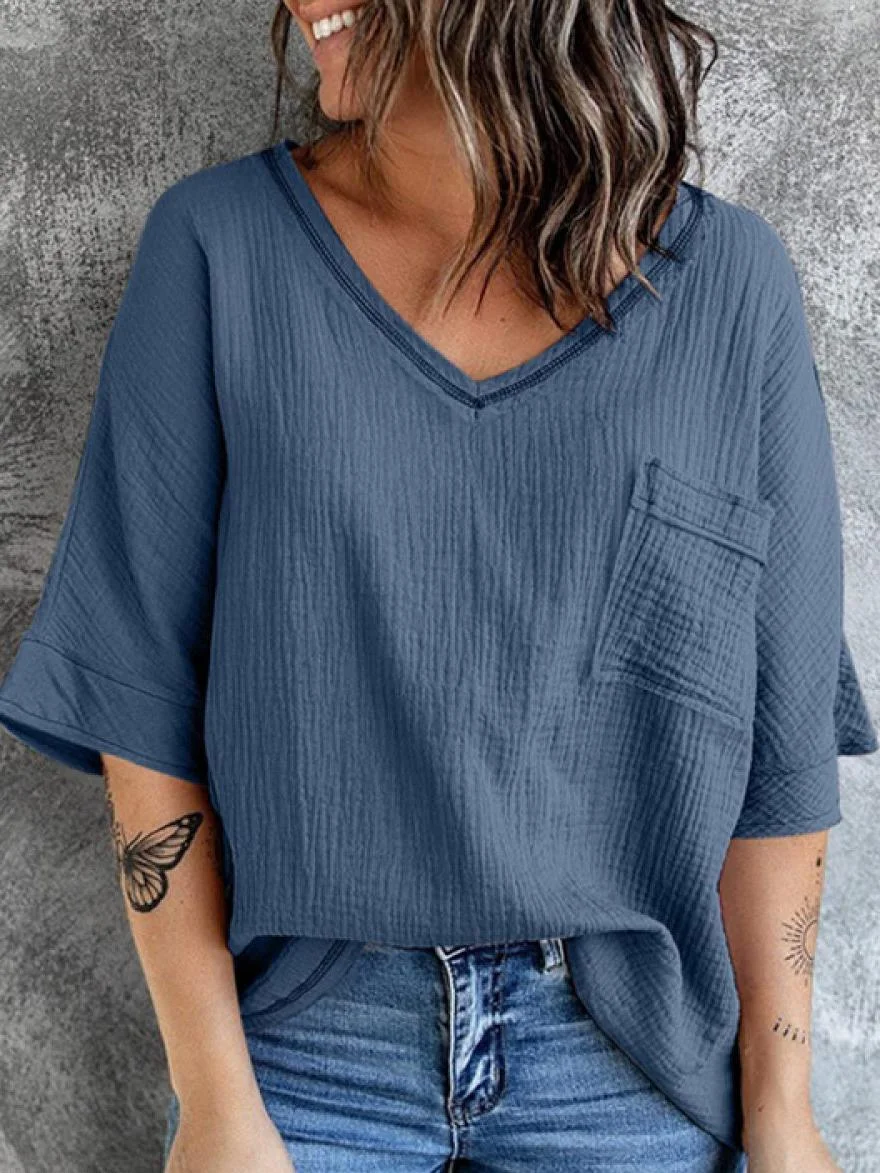 V-Neck Solid Color Loose Casual Short-Sleeved Blouse Linen