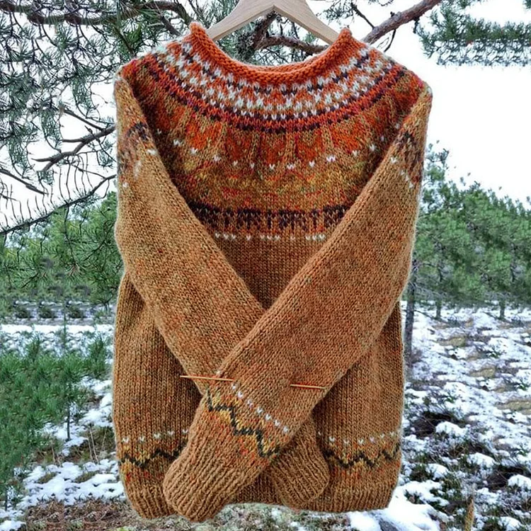 VChics Men's Vintage Icelandic Knit Jacquard Warmth Crew Neck Sweater（Unisex）