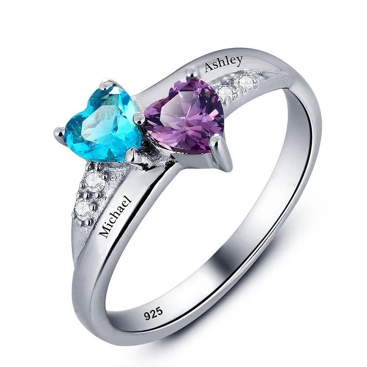 Personalized Mothers Ring with 2 Birthstones Engraved 2 Names Promise Rings for Her