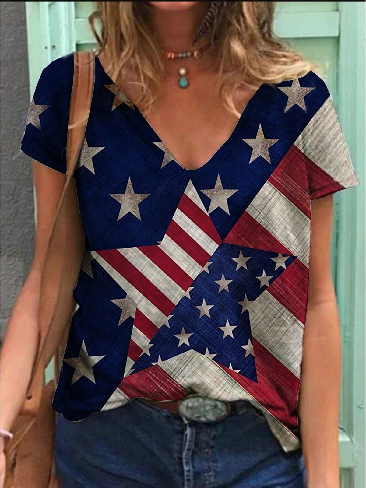 Women Short Sleeve V-neck Striped Star Printed Colorblock Tops