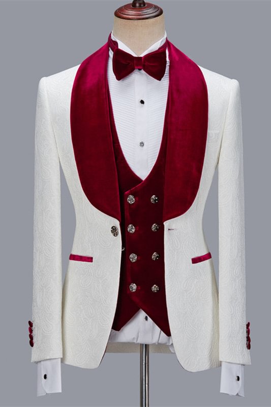 Three Pieces White Jacquard Wedding Groom Men's Suits With Velvet Lapel | Ballbellas Ballbellas