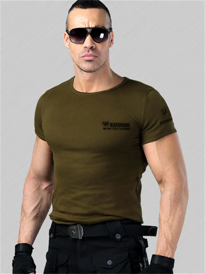 Round Neck Short Sleeve Tight T-shirt Stretch Men's Cotton Fitness Half Sleeve Military Fan T-shirt | 168DEAL