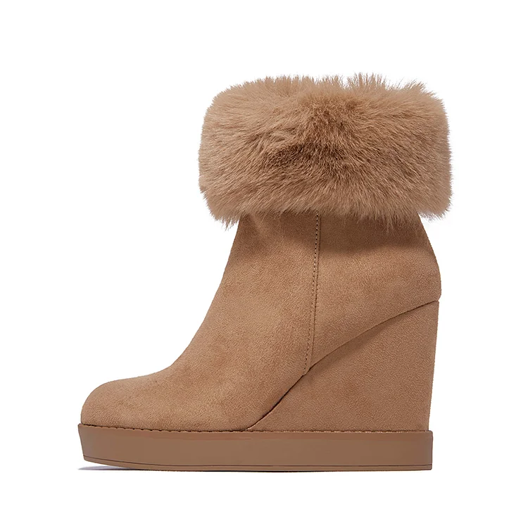 Khaki Vegan Suede Faux Fur Ankle Boots Wedge Platform Booties |FSJ Shoes