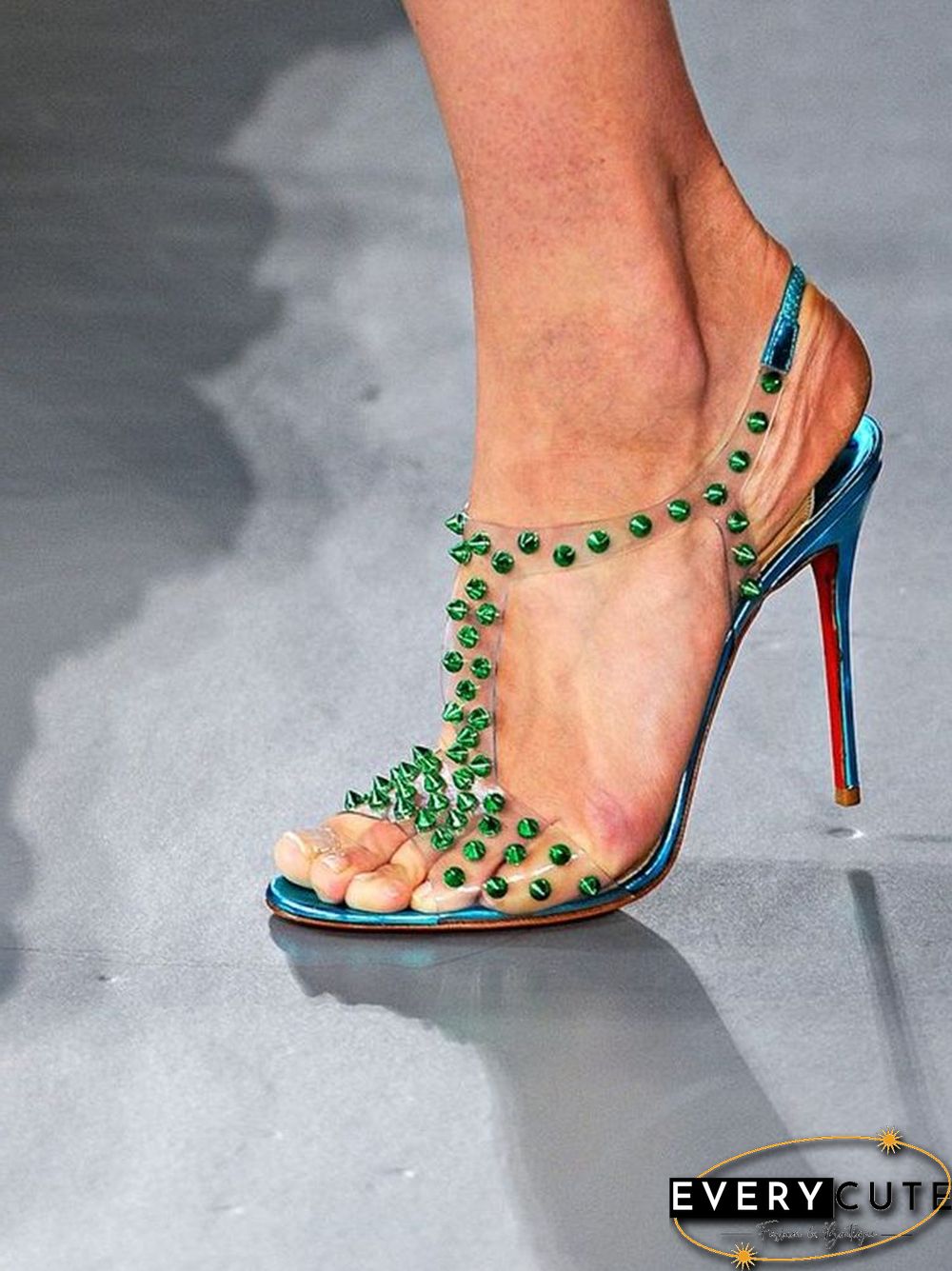 Green Rivet Clear PVC Sandals Open Toe Ankle Strap Thin High Heel Dress Shoes Stiletto Heel Ankle Buckle Runway Shoes