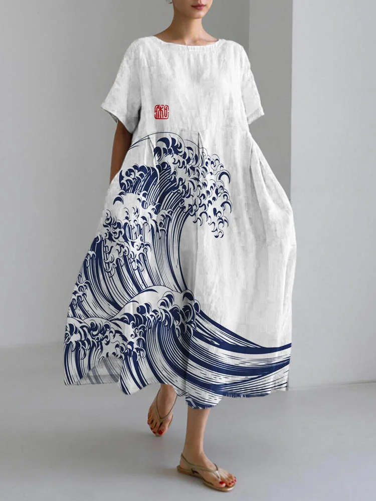 Japanese Sea Wave Print Linen Maxi Dress