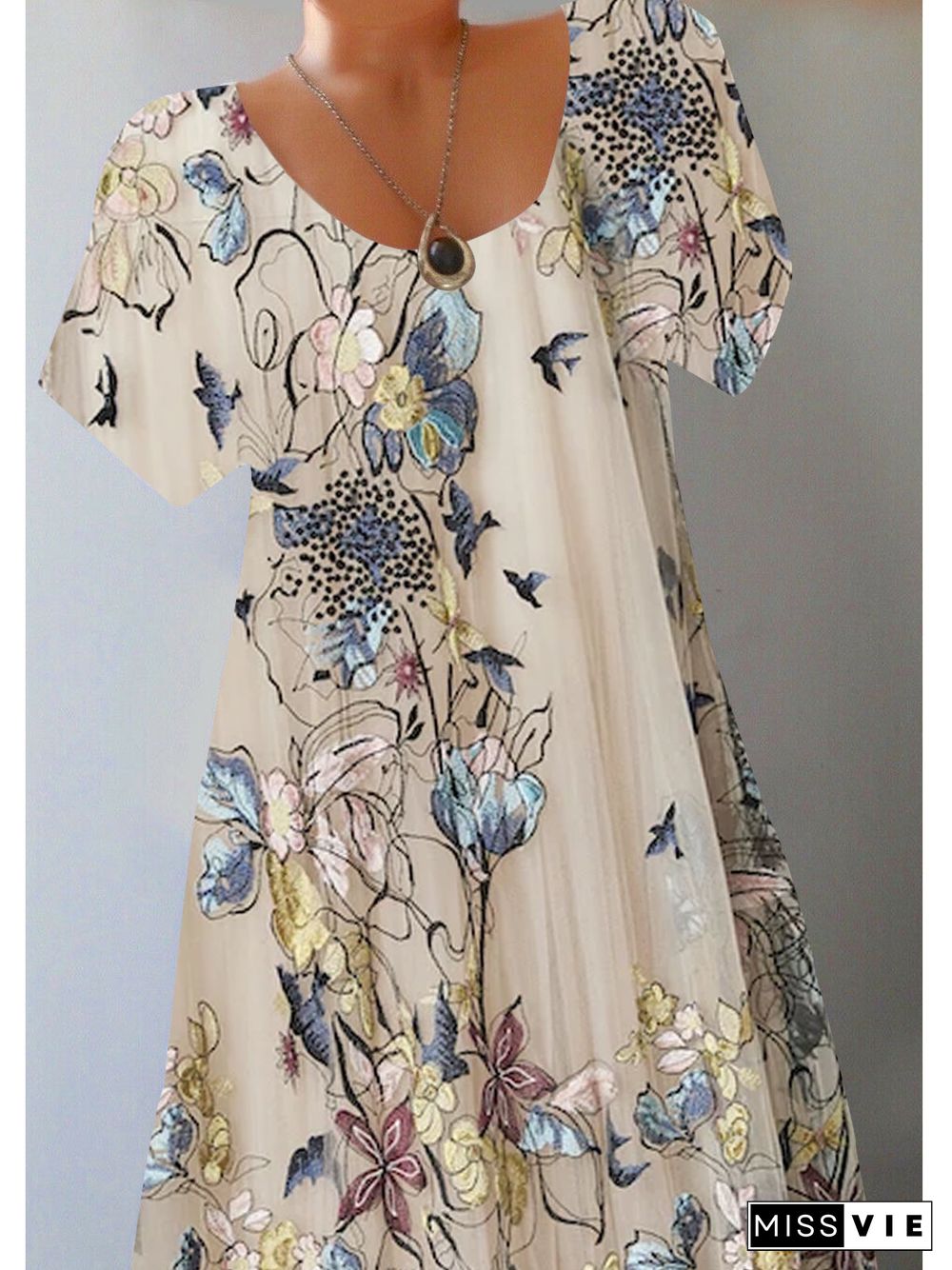 Women's Short Sleeve Scoop Neck Floral Printed Midi Dress