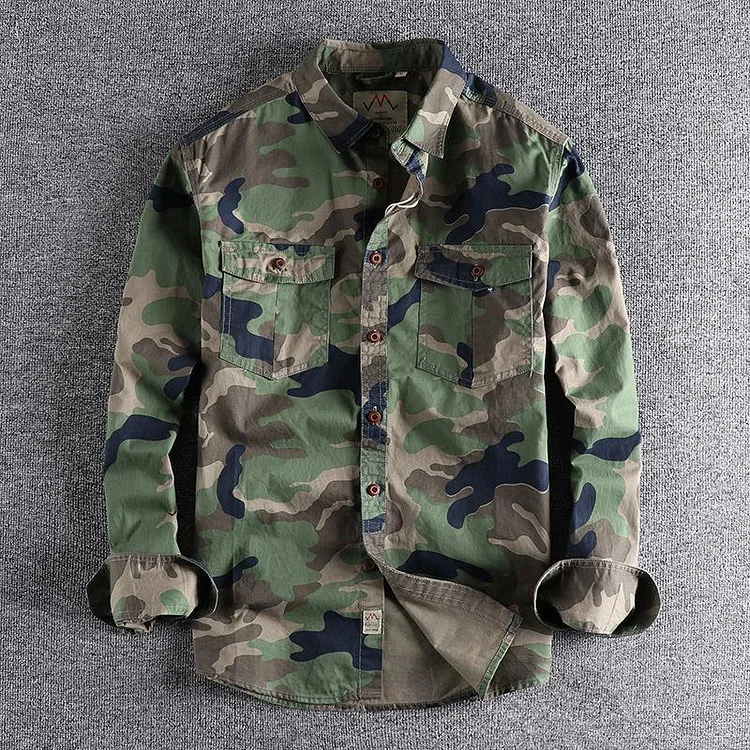 2025 Washed Camouflage American Style Workwear Men's Long-Sleeve Shirt