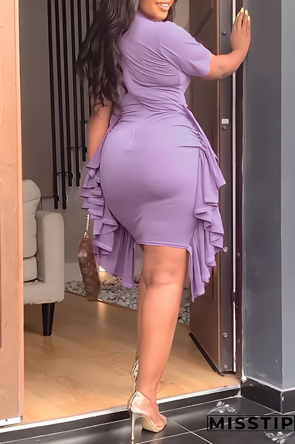 Purple Fashion Casual Solid Patchwork Fold O Neck Short Sleeve Dress
