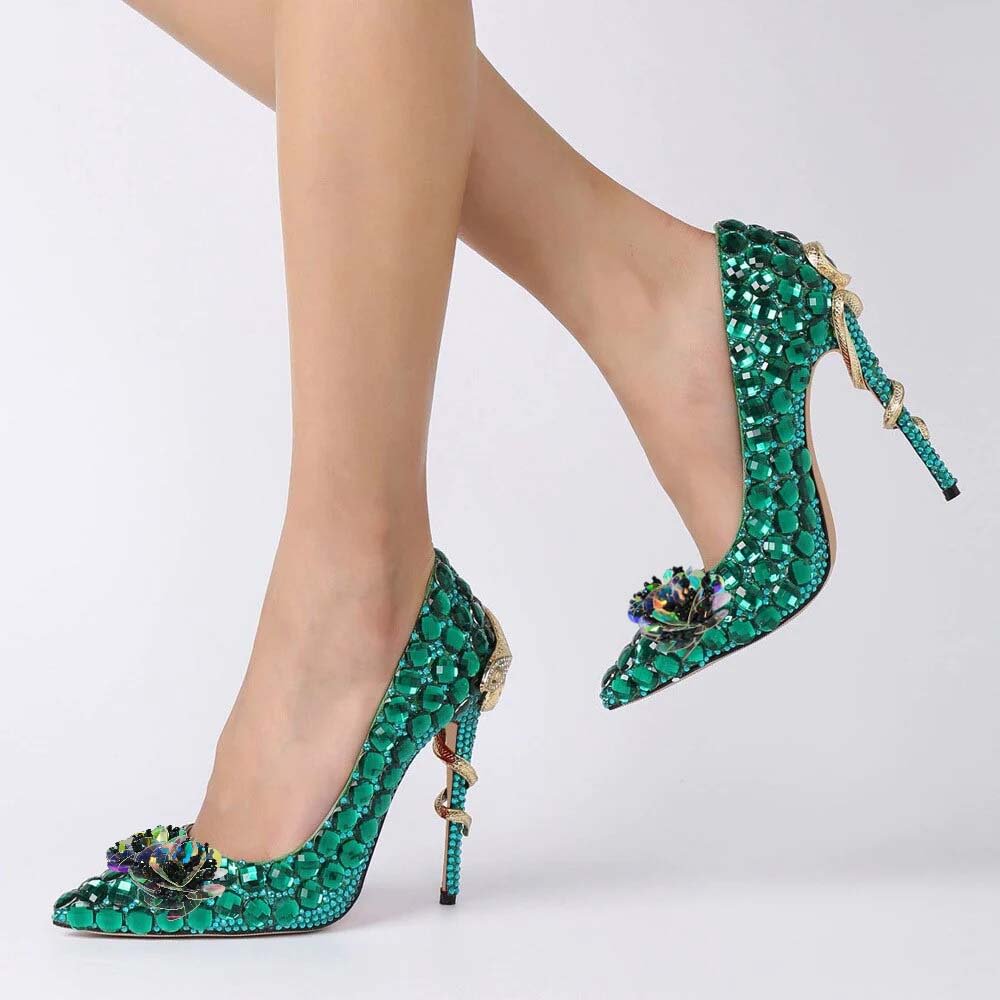 Green Pointed Toe Rhinestone Pumps With Flower Snake Decorative Heels Nicepairs