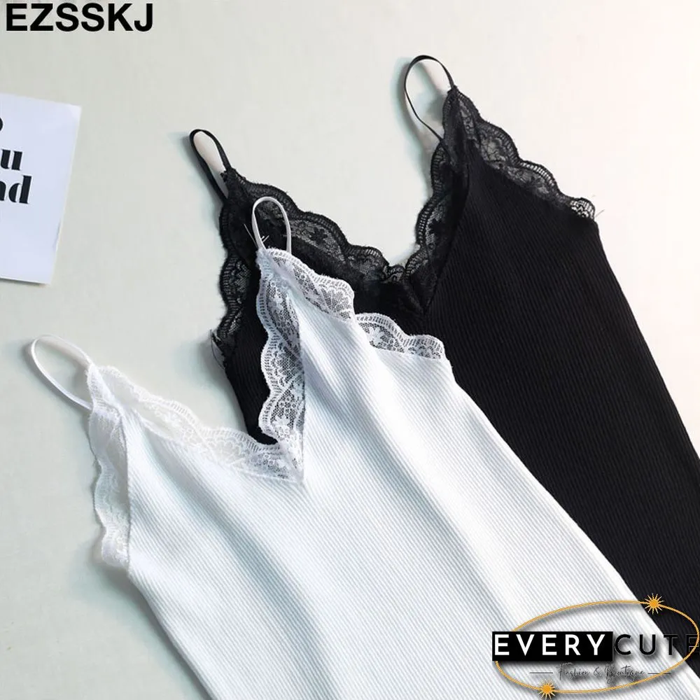 Sexy Basic Lace Camisole Summer Knit Tank Top Women Adjustable strap female camis high