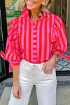 Women's Red Stripe Tie Puff Sleeve Button Down Shirt
