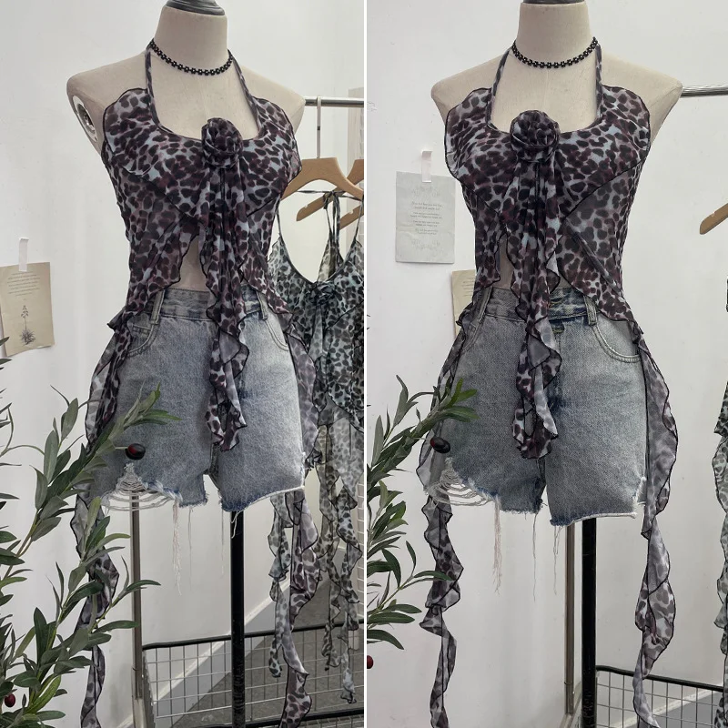Churchf Special Price Sexy Hot Babes Hanging Backs Her Neck Short Leopard Sling Vest Flowers Lotus Leaves Floating Clothes 2610