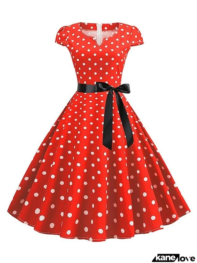 Elegant Retro Vintage Dress Midi Dress Party Outdoor Print Polka Dot V Neck Short Sleeve Regular Fit Summer Spring Light Blue Black S M L XL for Women