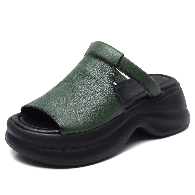 Yyvonne Cowflin Retro Hand-Made Leather-Bottomed Slippers Women's New Summer Wear Light-Discreed Cool Slippers