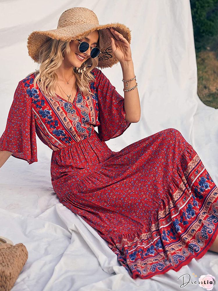 Floral Button Flares Sleeve Dress
