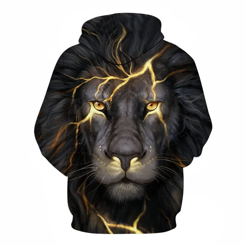 Mens Hoodies with Cap 3D Digital Lion Print Long Full Sleeves Casual Hip Hop Counple Women Clothes Front Pocket Spring Autumn