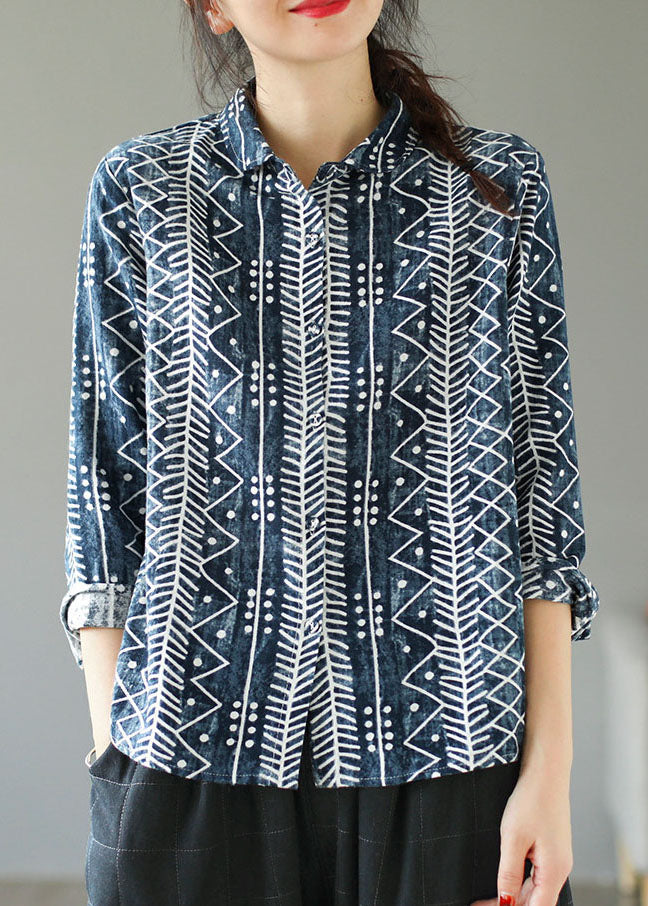 VCSHOES Blue Peter Pan Collar Print Patchwork Cotton Shirts Tops Spring