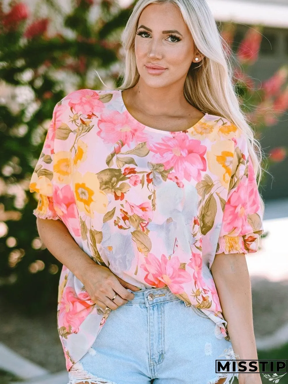 Pink Floral Loose Fit Blouse with Shirred Cuffs