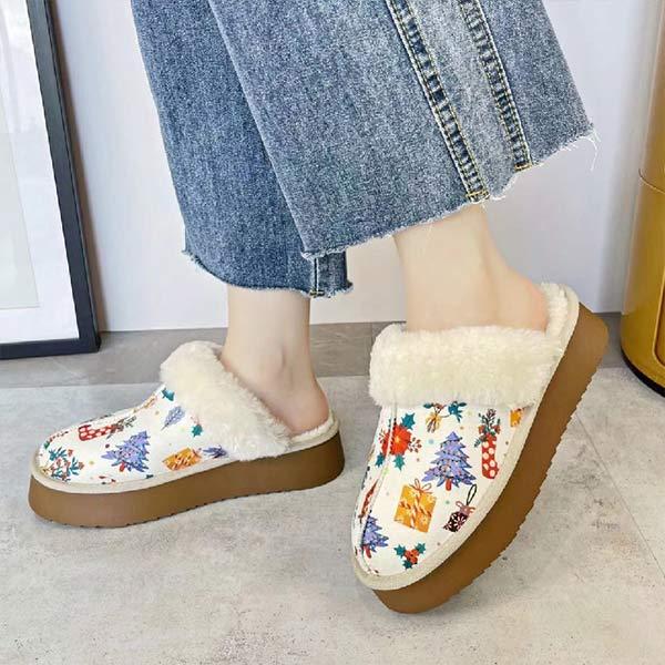 Women's Thick-Soled Furry Slippers with Fleece Christmas Print Cotton Shoes