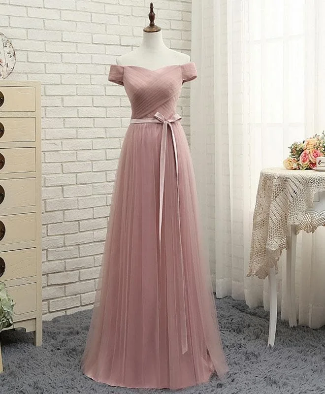 Pink A Line Tulle Off Shoulder Long Prom Dress, Cheap Evening Dress