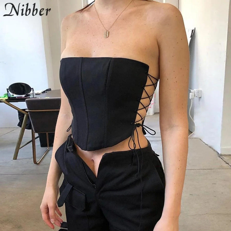 Nibber Hot Sexy Club Strapless Side Hollow Out Lace Up Bodycon Crop Top Women Fashion Sleeveless Skinny Pure Streetwear Camisole