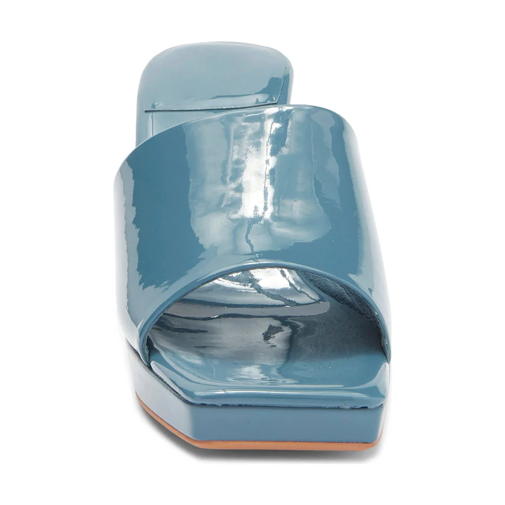 Dusty Blue Square Toe Chunky Heel Wide Strap Slides with Platform