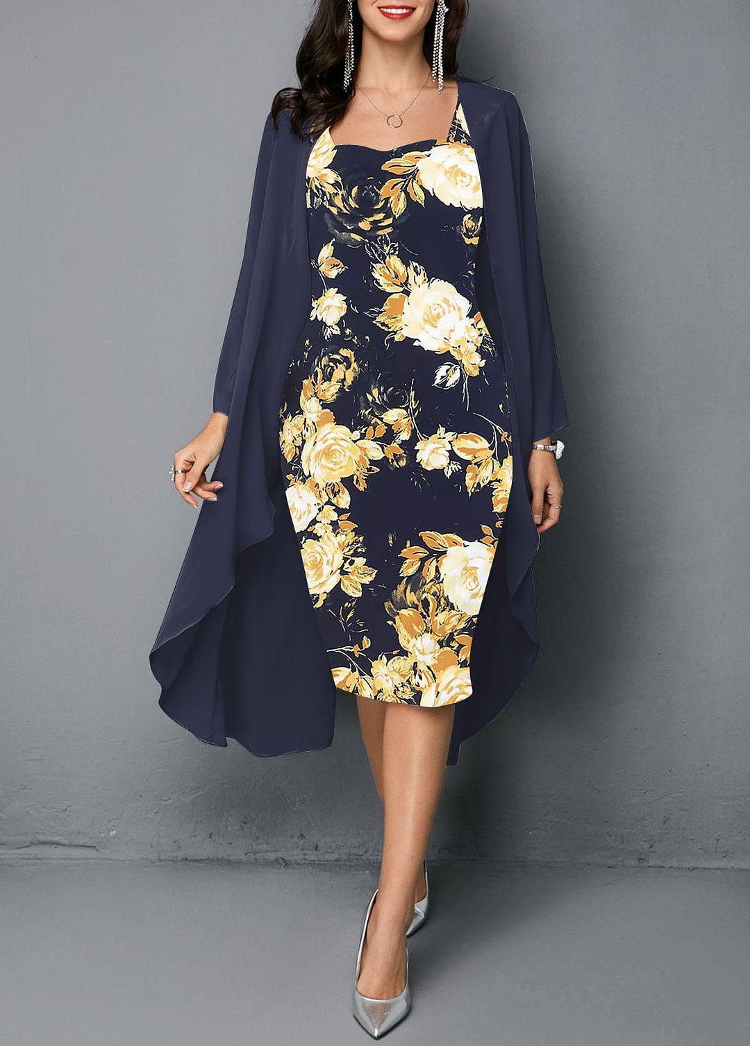 Open Front Cardigan and Navy Floral Print Dress
