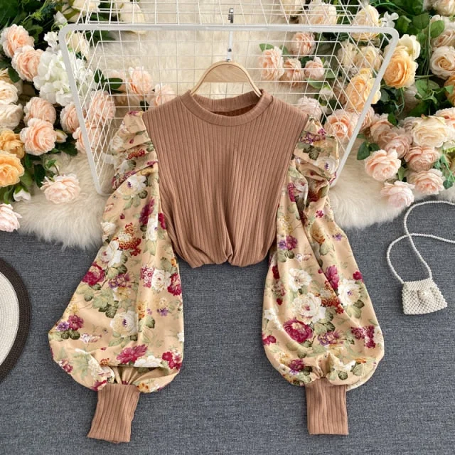 Puff Sleeve Stitching Patchwork O-Neck Blouse